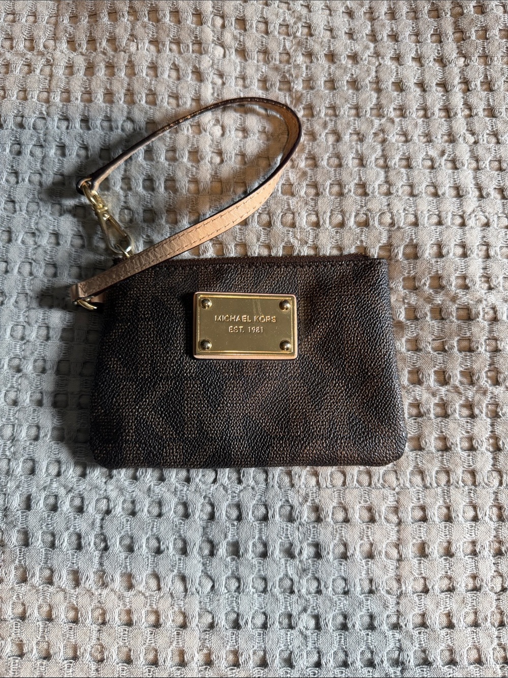 Michael Kors Dark Brown Wristlet with Gold Plaque and Tan Strap